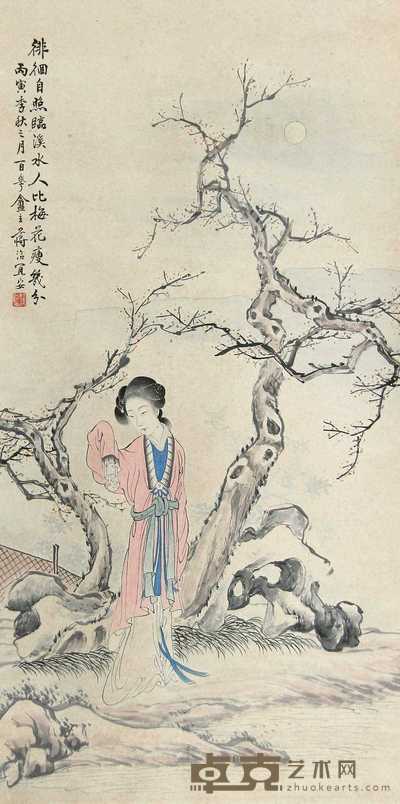 蒋洽 丙寅（1866年）作 仕女梅花 立轴 103×50cm